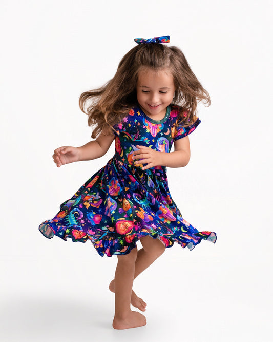 Cosmic Cuddles Short Sleeve Big Kid Twirl Dress - Jammie Session