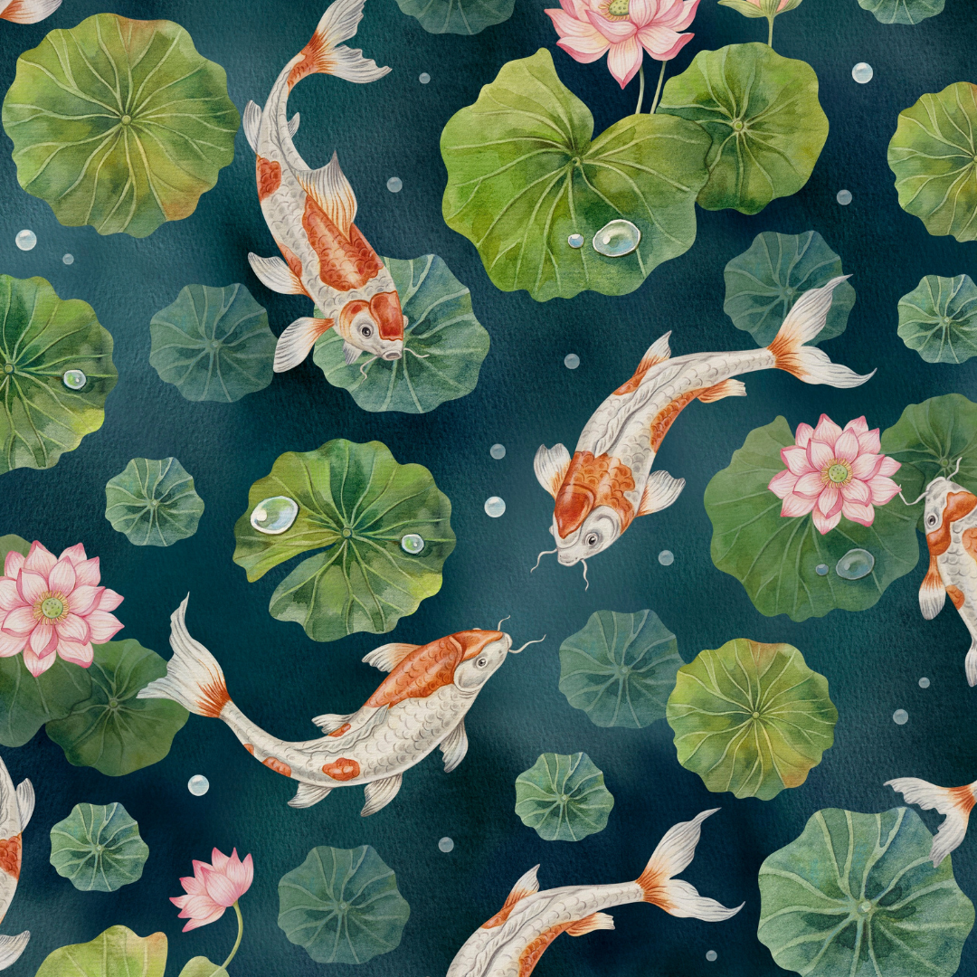 Pattern of koi fish swimming among green lily pads and pink lotus flowers on a dark blue water background, with scattered water droplets.