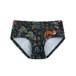 Jammie Session's "Wood You Be My Friend" girl's briefs feature a forest print with trees, foxes, deer, and mushrooms on a dark background. Made from soft bamboo for hypoallergenic comfort and everyday wear.