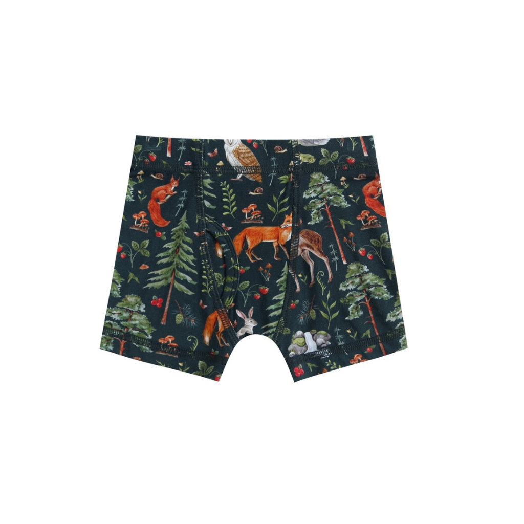 Jammie Session’s "Wood You Be My Friend" boy's boxer briefs feature woodland animals and trees on a dark background, crafted from soft, hypoallergenic fabric for all-day comfort.