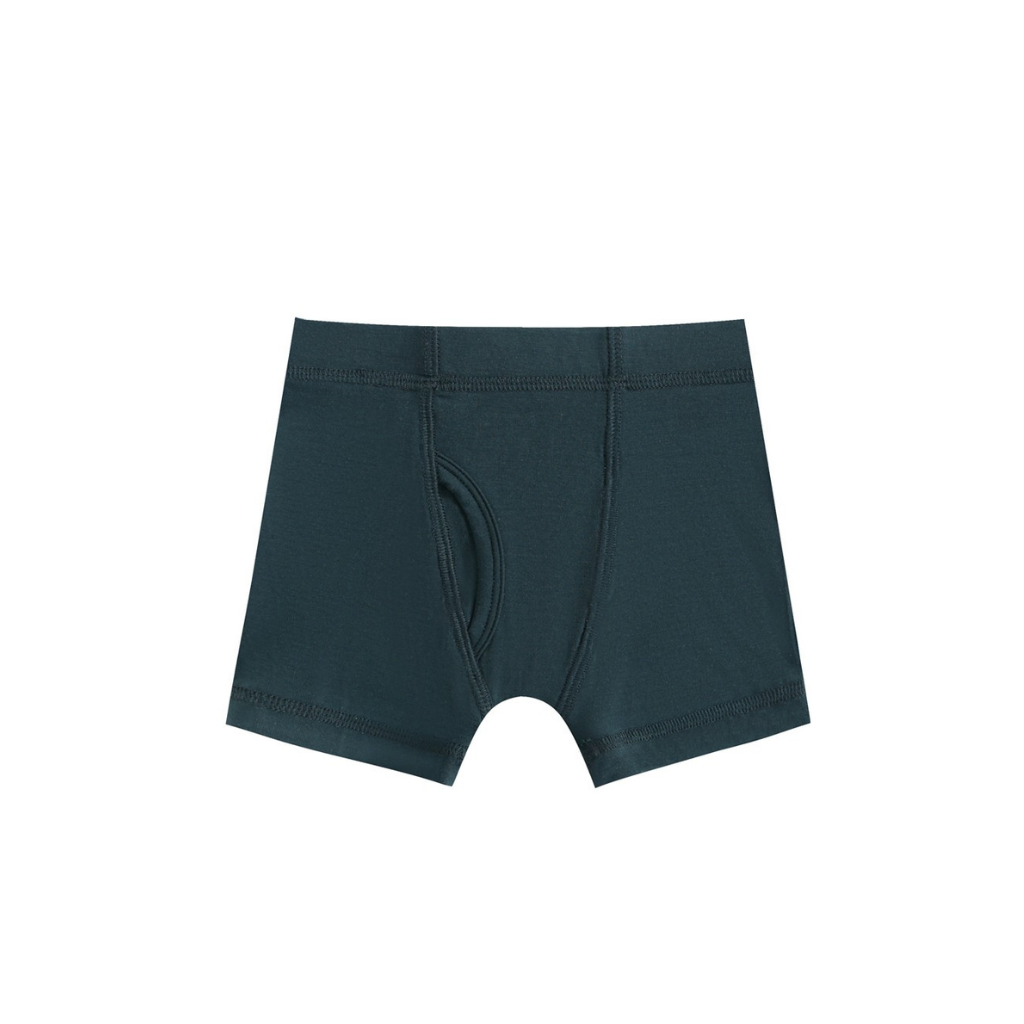 Jammie Session "Wood You Be My Friend" solid dark green boys’ boxer brief underwear in soft, hypoallergenic bamboo fabric with front fly, shown flat on a white background.