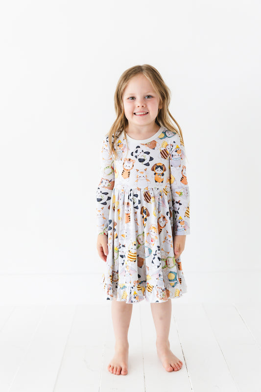 Meowster of Disguise Long Sleeve Big Kid Twirl Dress