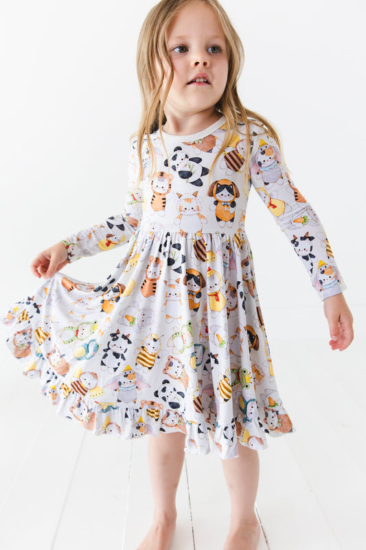 Meowster of Disguise Long Sleeve Big Kid Twirl Dress