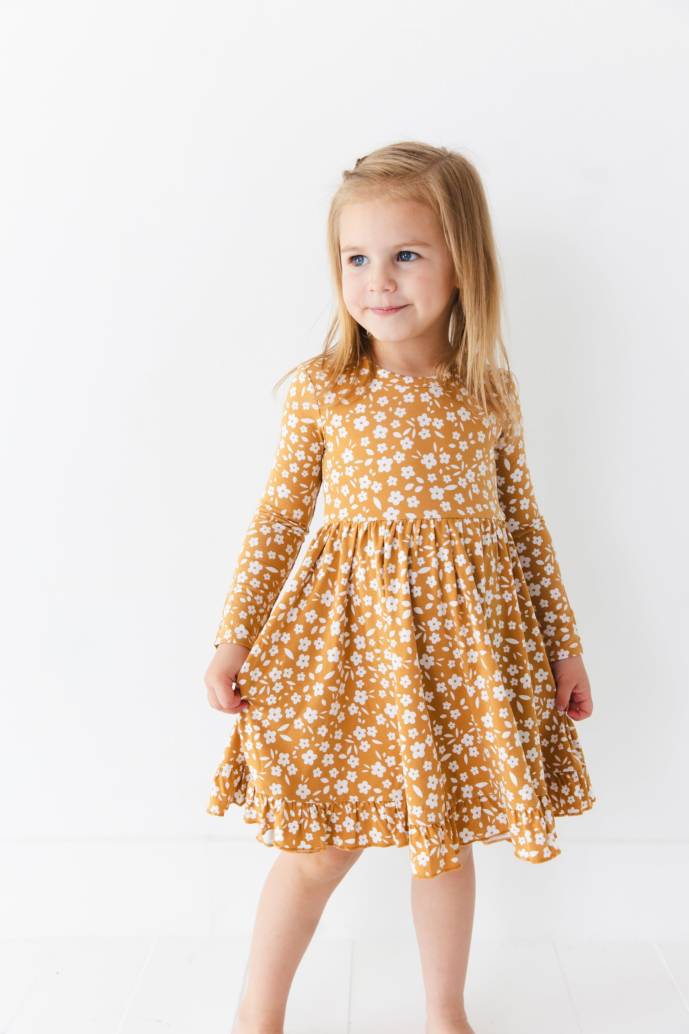 Honey Blooms Long Sleeve Big Kid Twirl Dress