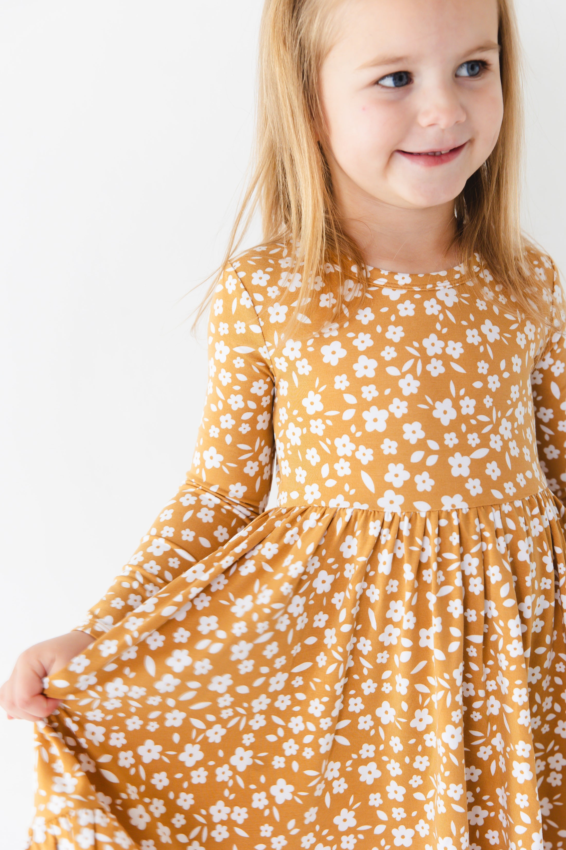 Honey Blooms Long Sleeve Big Kid Twirl Dress