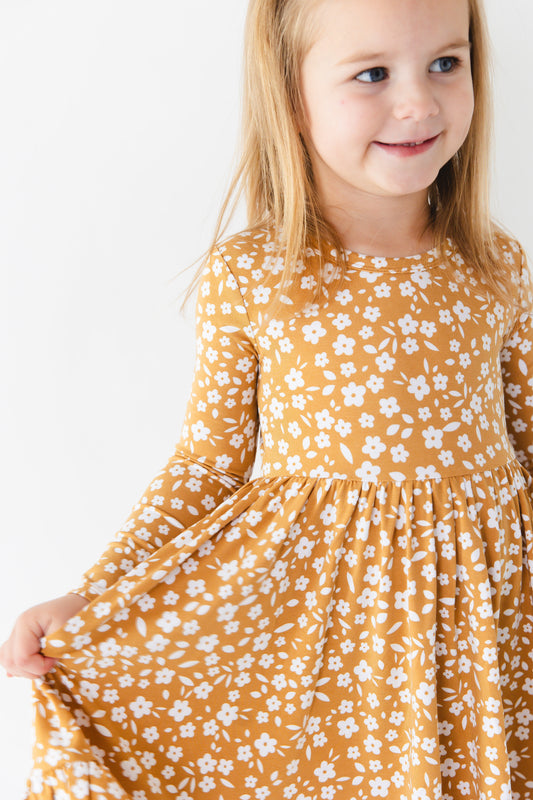 Honey Blooms Long Sleeve Big Kid Twirl Dress