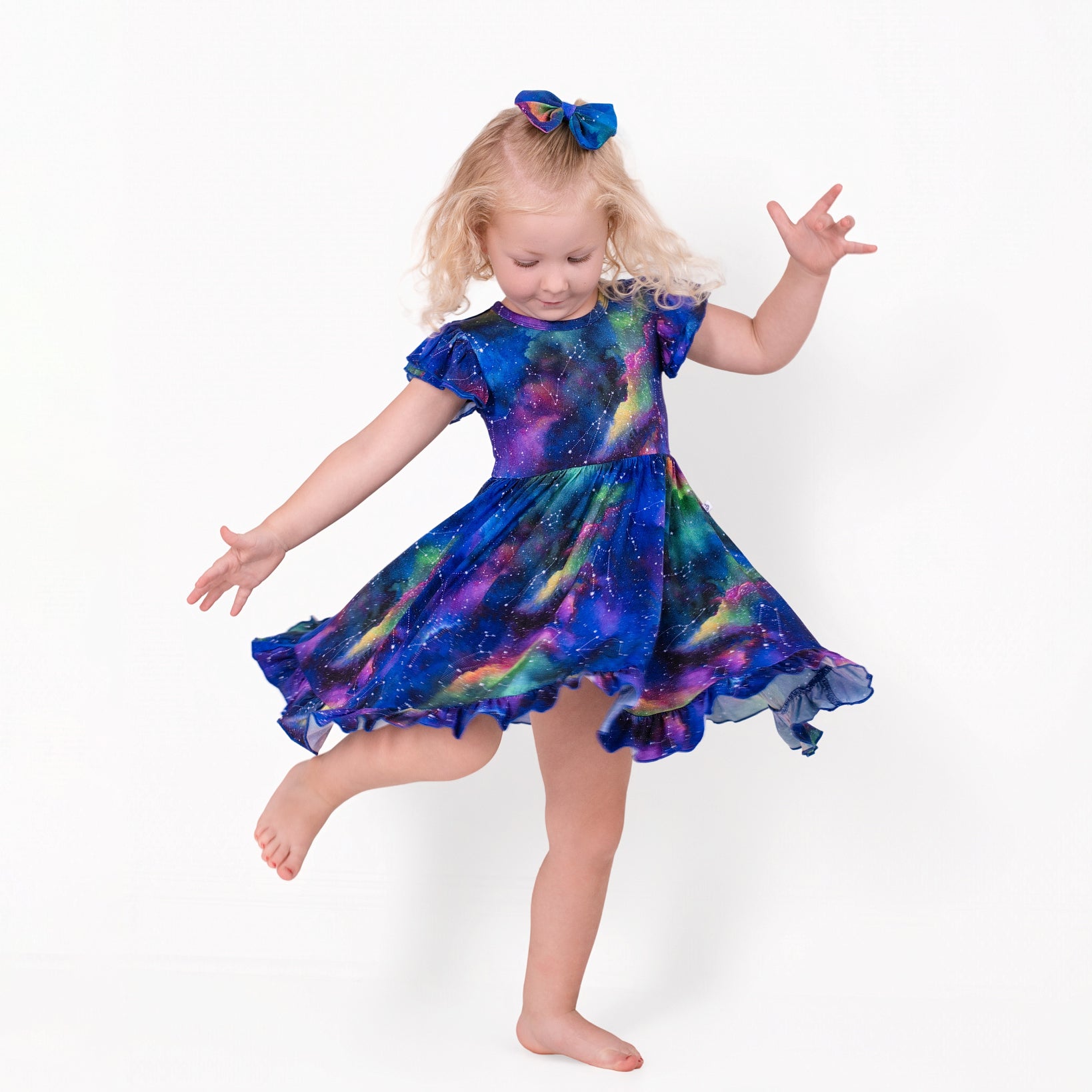 Luminara Galaxy Short Sleeve Big Kid Twirl Dress