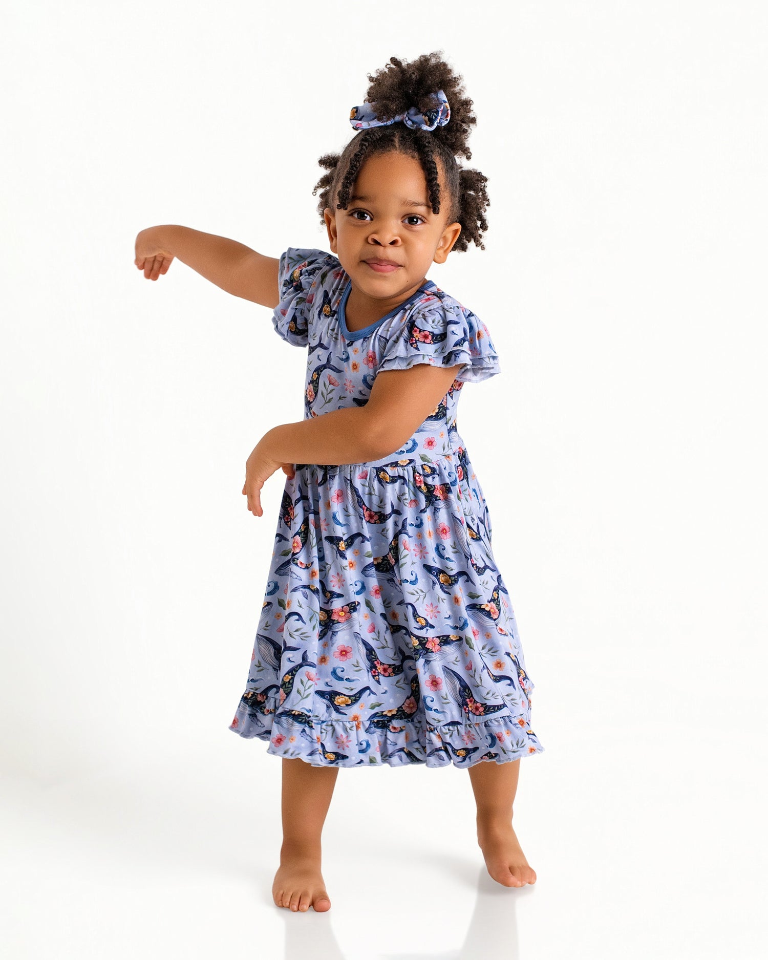 Blooming Whales Short Sleeve Big Kid Twirl Dress