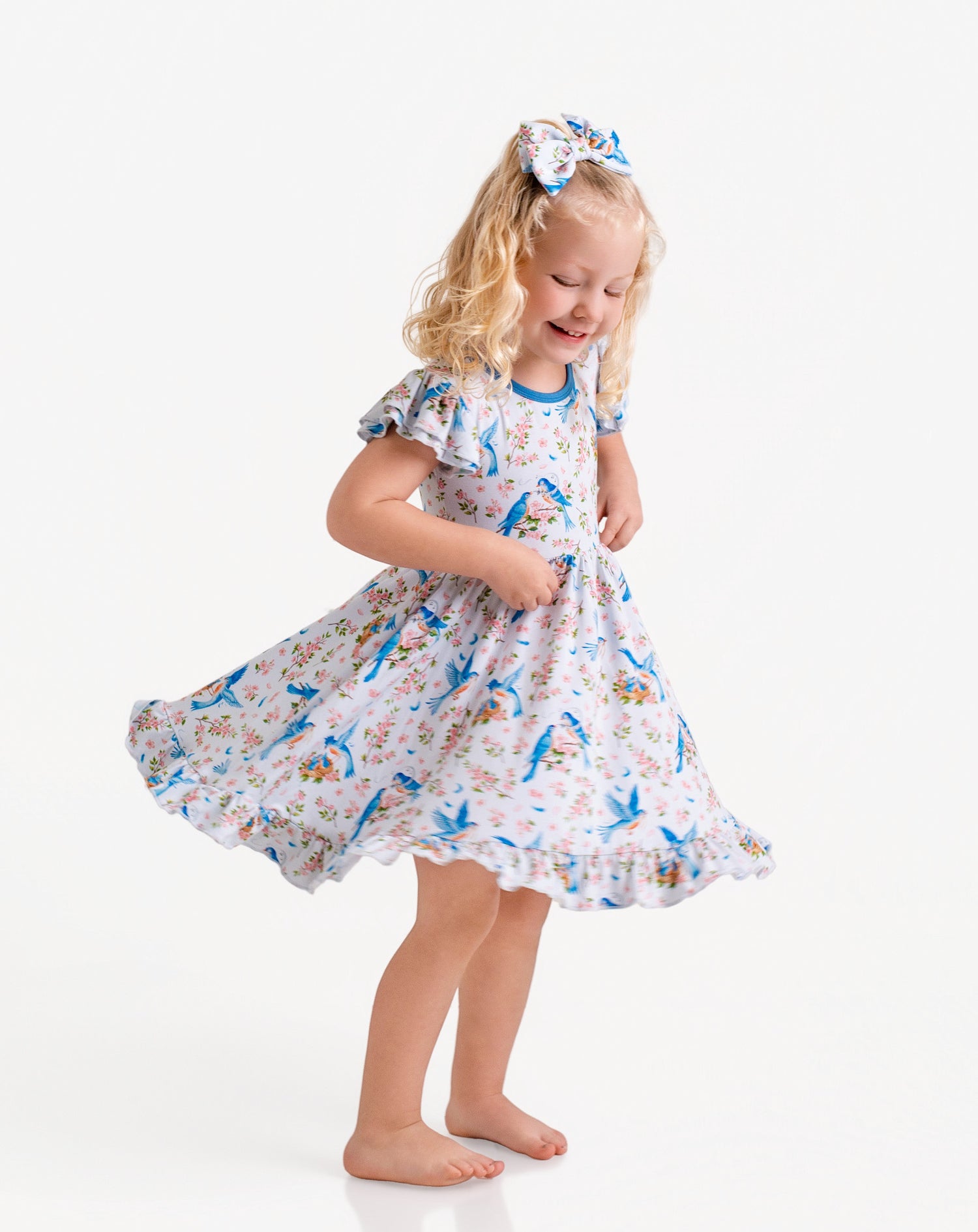 Bluebird Melody Short Sleeve Big Kid Twirl Dress