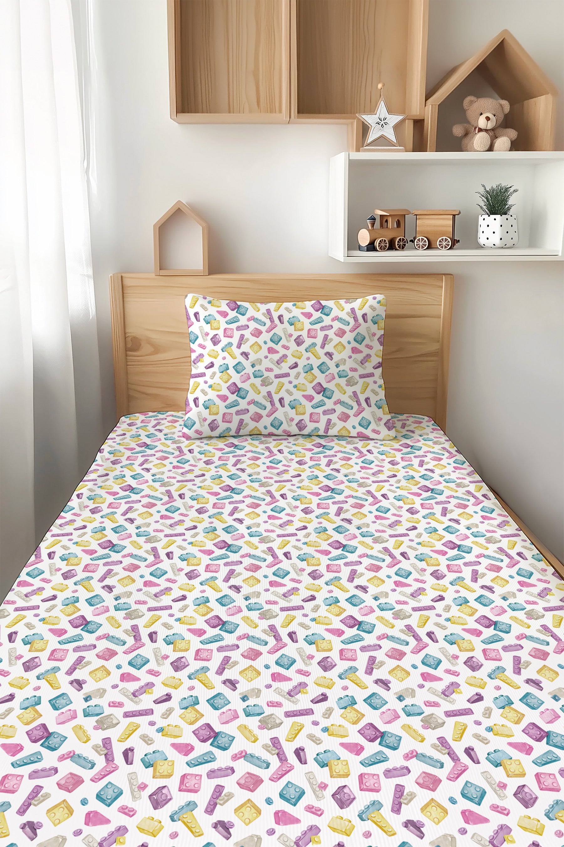 Block Party (Purple) Twin Fitted Sheet and Pillowcase Set BDLJ