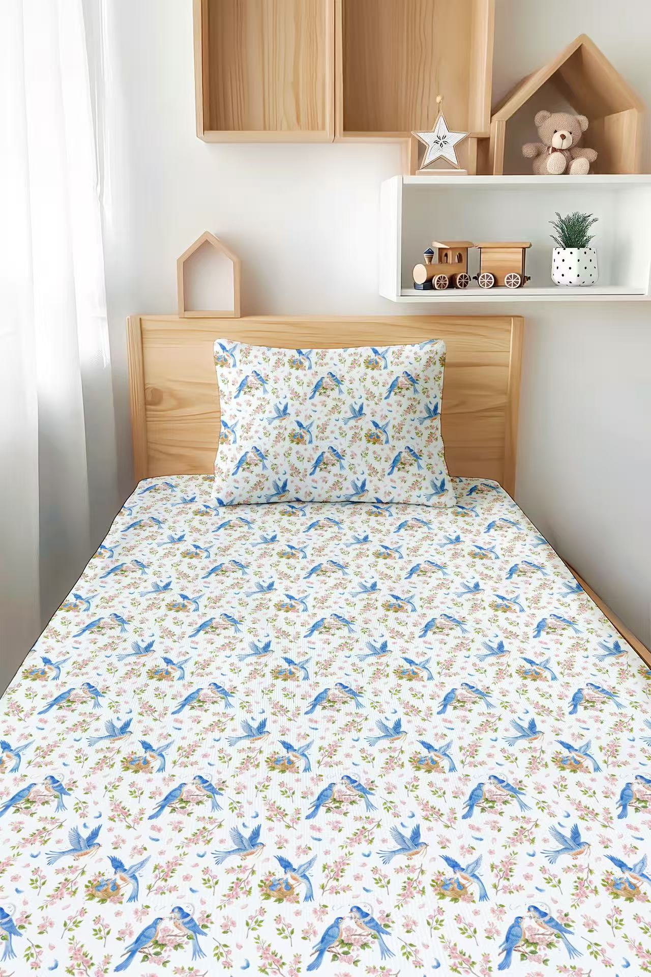 Bluebird Melody Twin Fitted Sheet and Pillowcase Set