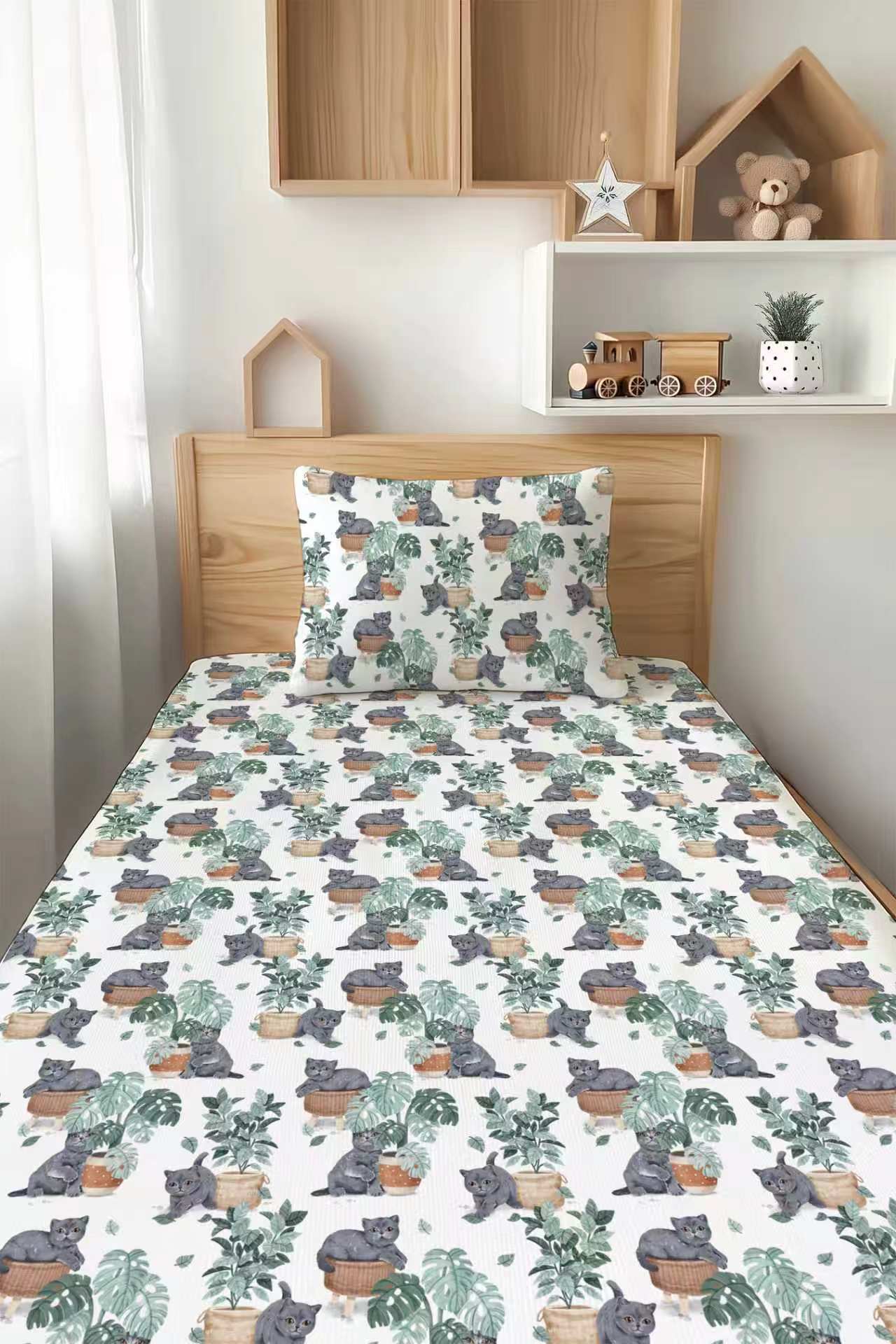 Meowstera Cat Twin Fitted Sheet and Pillowcase Set
