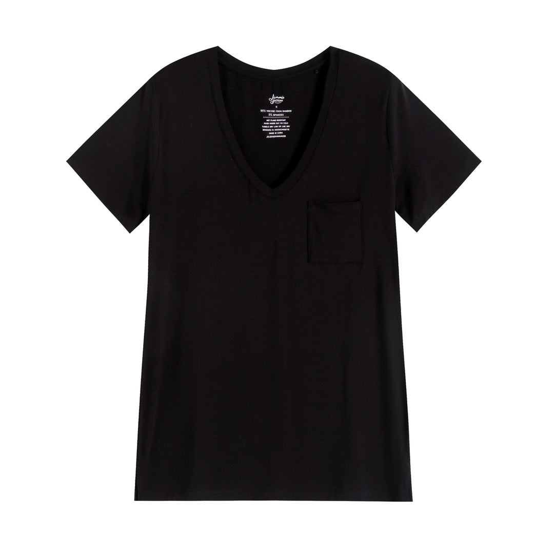 The Jammie Session Mystic Mushrooms Women's Solid Short Sleeve T-shirt, a black bamboo V-neck with moisture wicking and a small chest pocket, is shown laid flat on a white background.