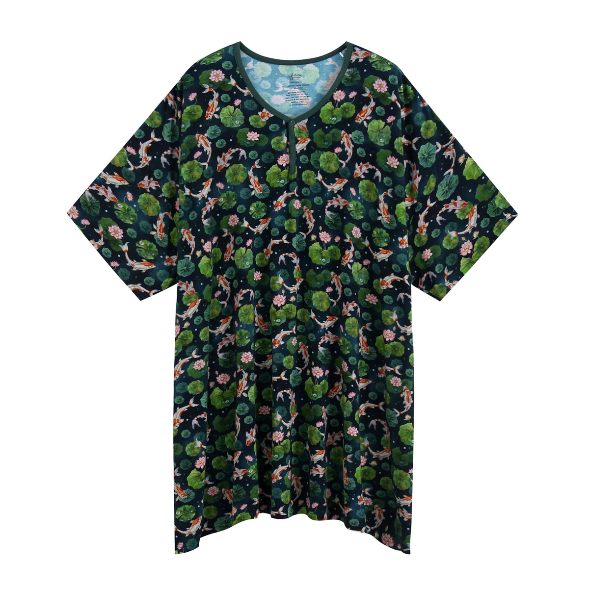 The Jammie Session Bundle of Koi Women's Muumuu Lounge Tee (One Size Fits XS-XXL) is a short-sleeved, knee-length bamboo dress with green and pink floral and lily pad patterns on a dark background, shown on a white backdrop.
