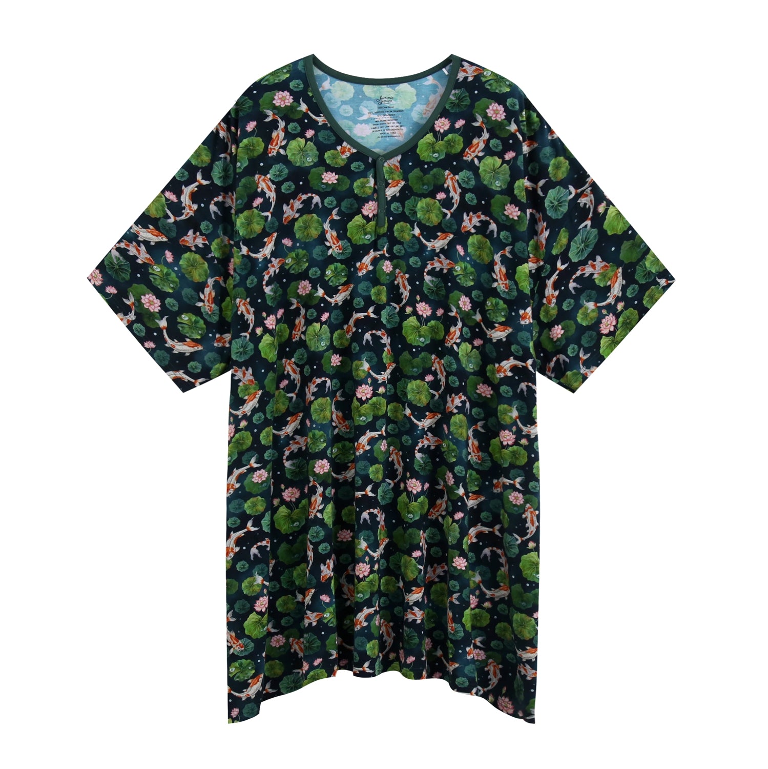 The Jammie Session Bundle of Koi Women's Muumuu Lounge Tee (One Size Fits XS-XXL) is a short-sleeved, knee-length bamboo dress with green and pink floral and lily pad patterns on a dark background, shown on a white backdrop.