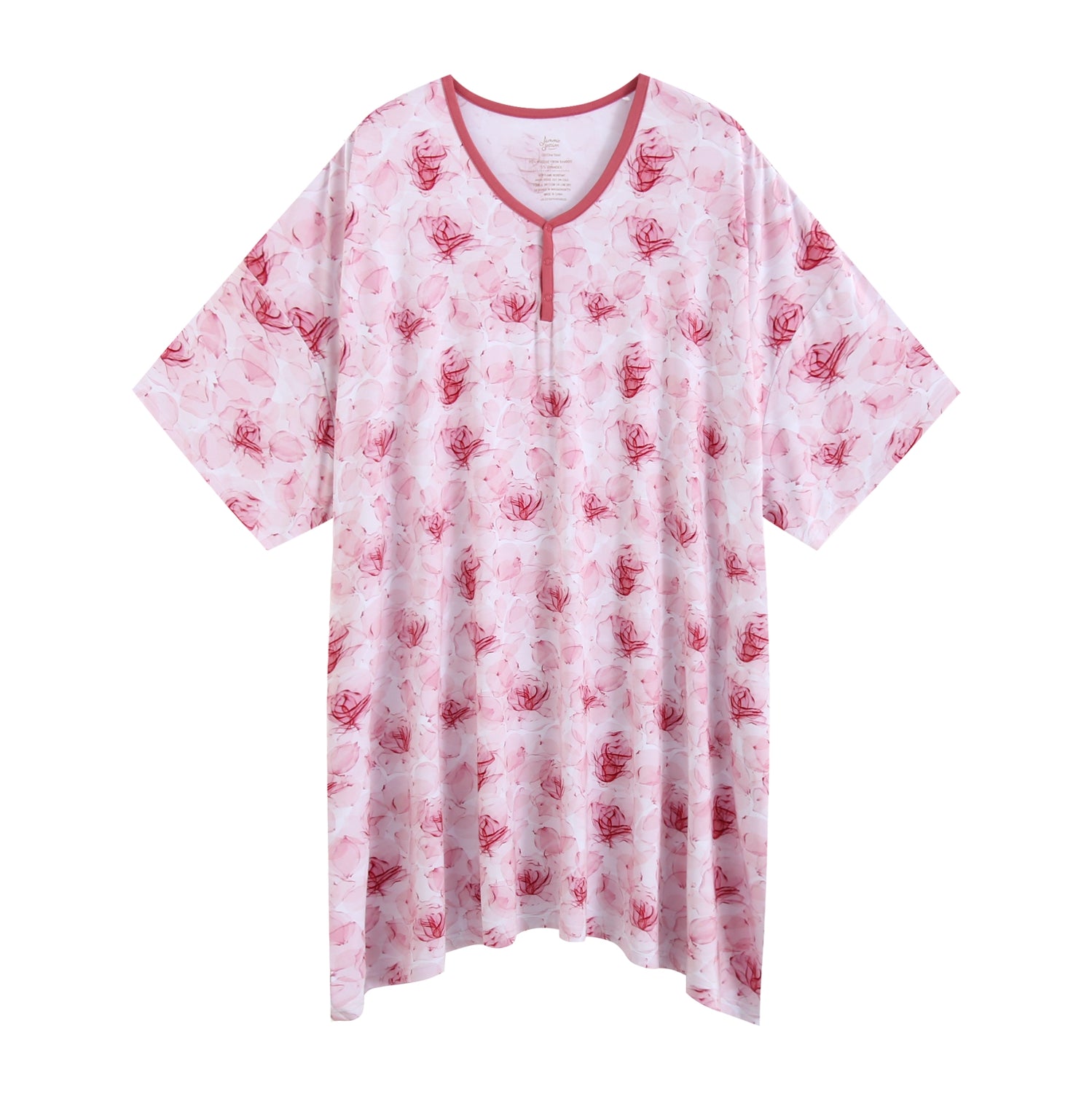 The Jammie Session Misty Roses Women's Muumuu Lounge Tee is a loose, knee-length, pink floral lounge dress with short sleeves and pink trim—one size fits XS-XXL, perfect for relaxing in comfort.