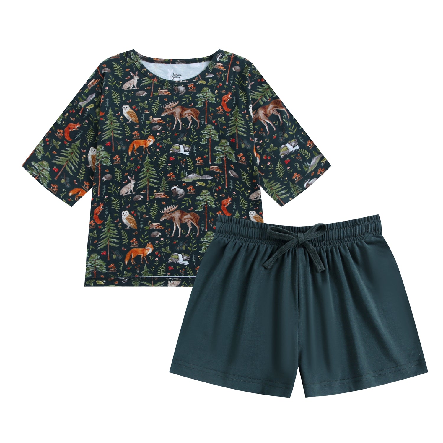 The Jammie Session Wood You Be My Friend Comfy Cloud Short Set includes a forest animal print top with three-quarter sleeves and solid dark green breathable shorts for kids.