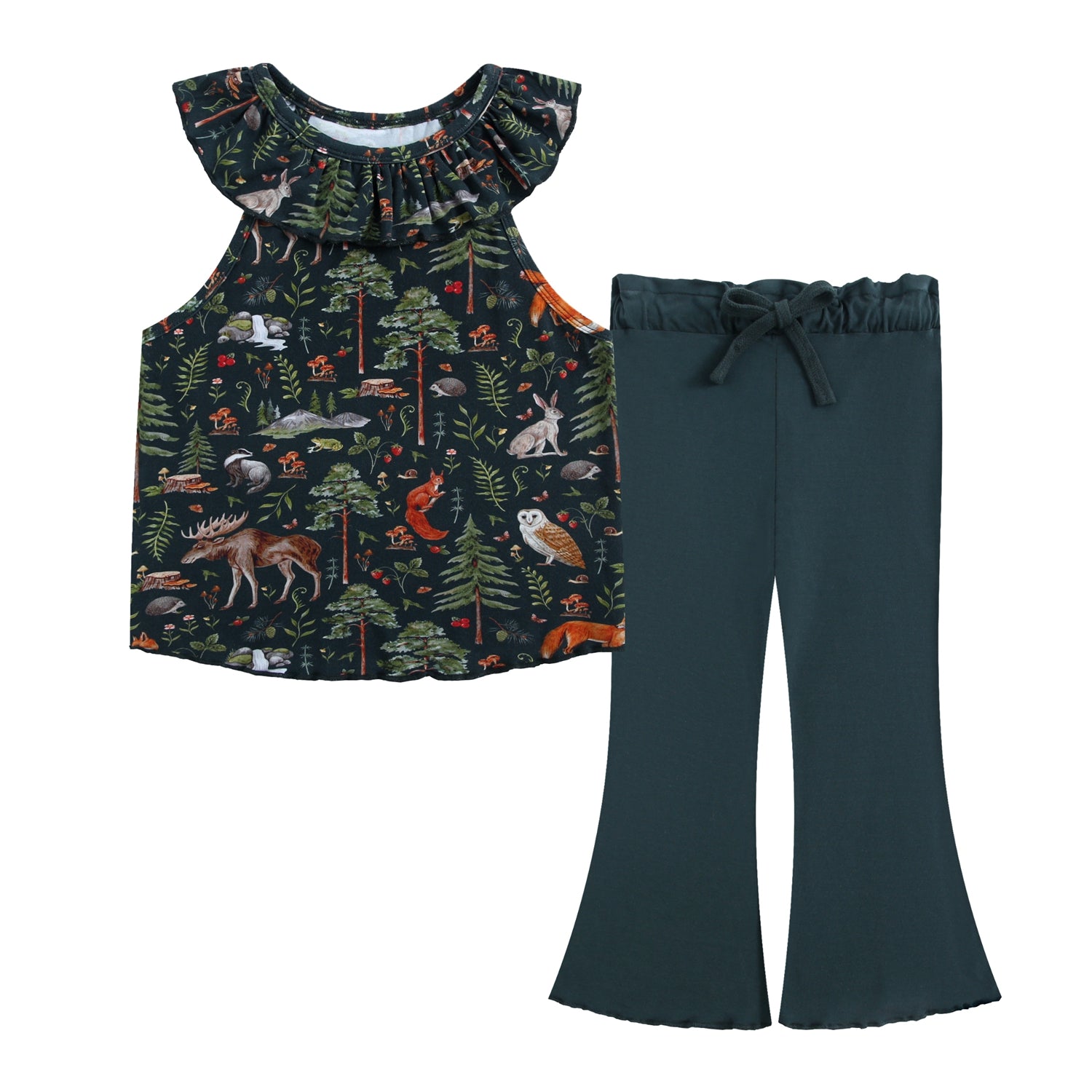 The Wood You Be My Friend Bloomy Crop Set by Jammie Session includes a sleeveless, ruffle-neck top with forest animal print and dark green cropped pants with a waist bow—ideal bamboo kidswear for playful days.
