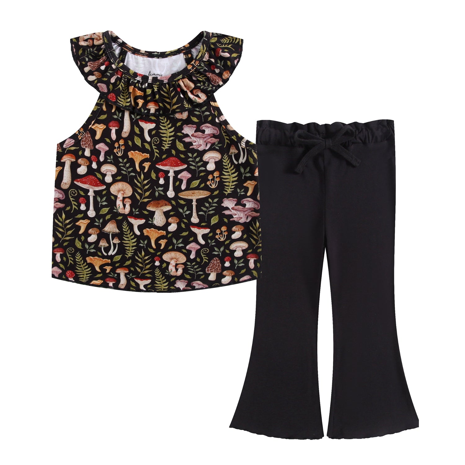 The Jammie Session Mystic Mushrooms Bloomy Crop Set features a sleeveless top with a vibrant mushroom print and black flared pants with a gathered waistband, perfect for children’s stylish comfort.