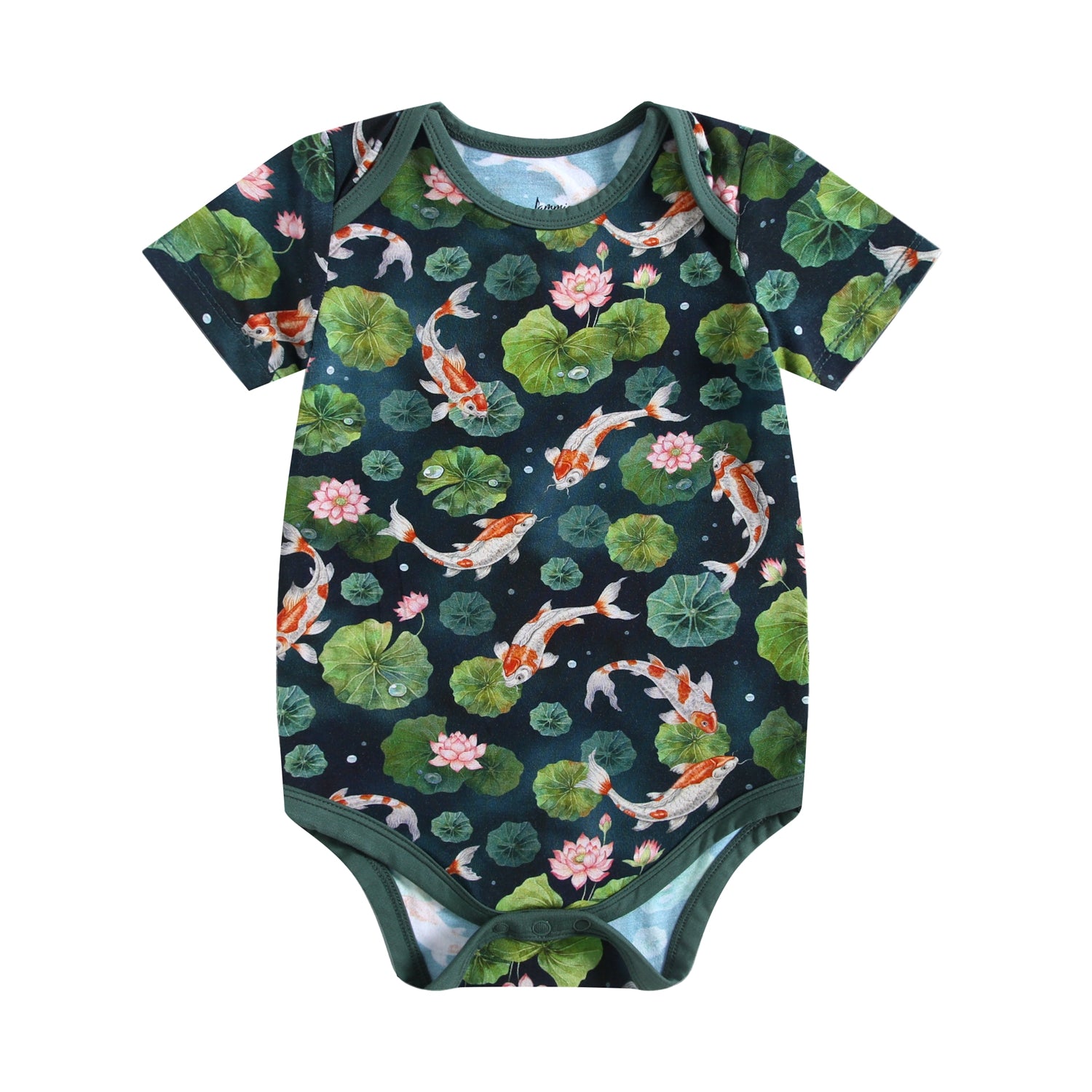 The Jammie Session Bundle of Koi Short Sleeve Bodysuit features a koi fish, lily pad, and lotus flower print on dark green bamboo fabric—breathable and stylish for your baby’s comfort.