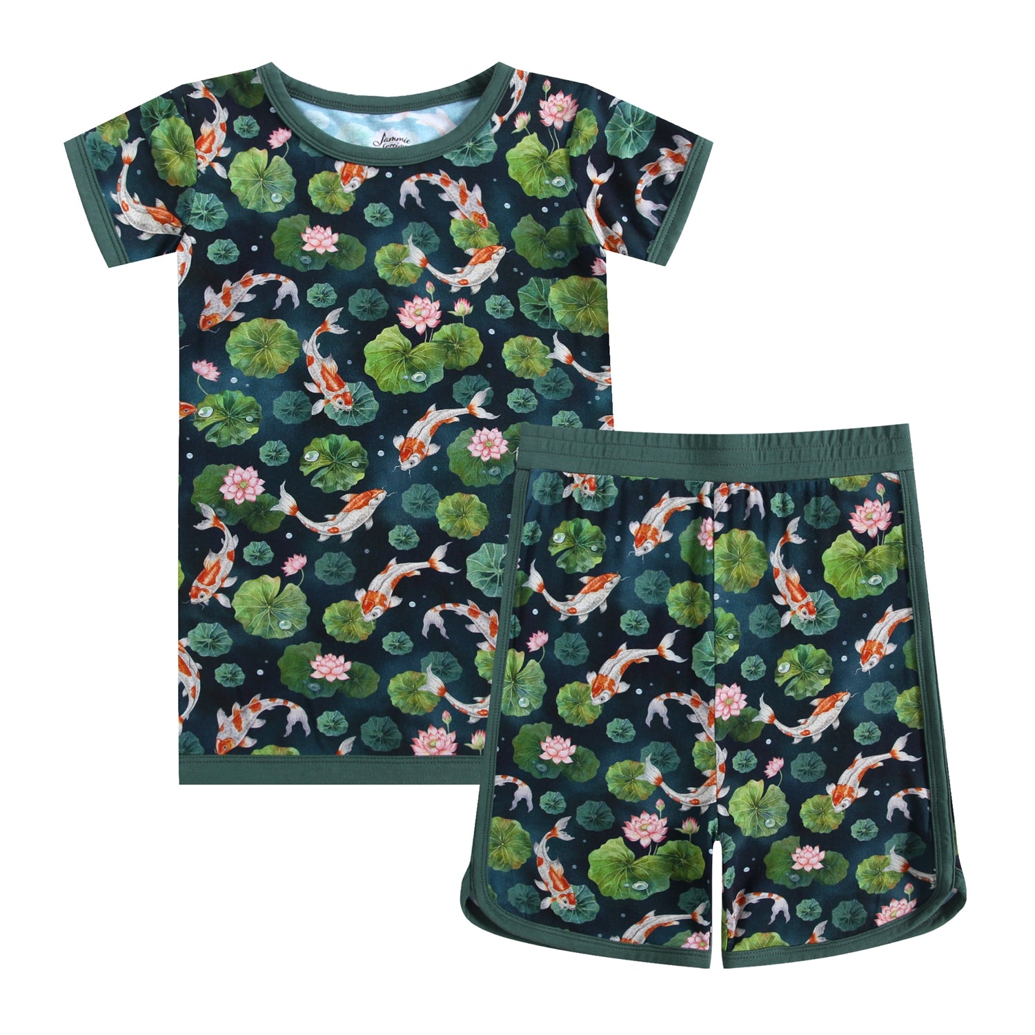 The Jammie Session Bundle of Koi Short Pajama Set is a breathable, hypoallergenic kids' pajama with a koi fish, lily pad, and lotus flower print on dark green; includes short sleeves and matching shorts.