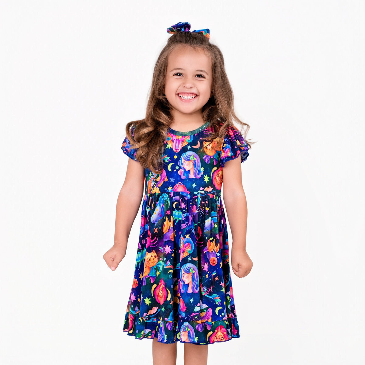 Cosmic Cuddles Short Sleeve Big Kid Twirl Dress - Jammie Session