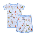 Jammie Session’s “Don’t Worry, Be Hoppy (Rabbit)” Short Pajama Set features a light blue, rabbit-and-flower print with blue trim. Made from soft, hypoallergenic bamboo fabric that’s gentle and moisture-wicking for comfy sleep.