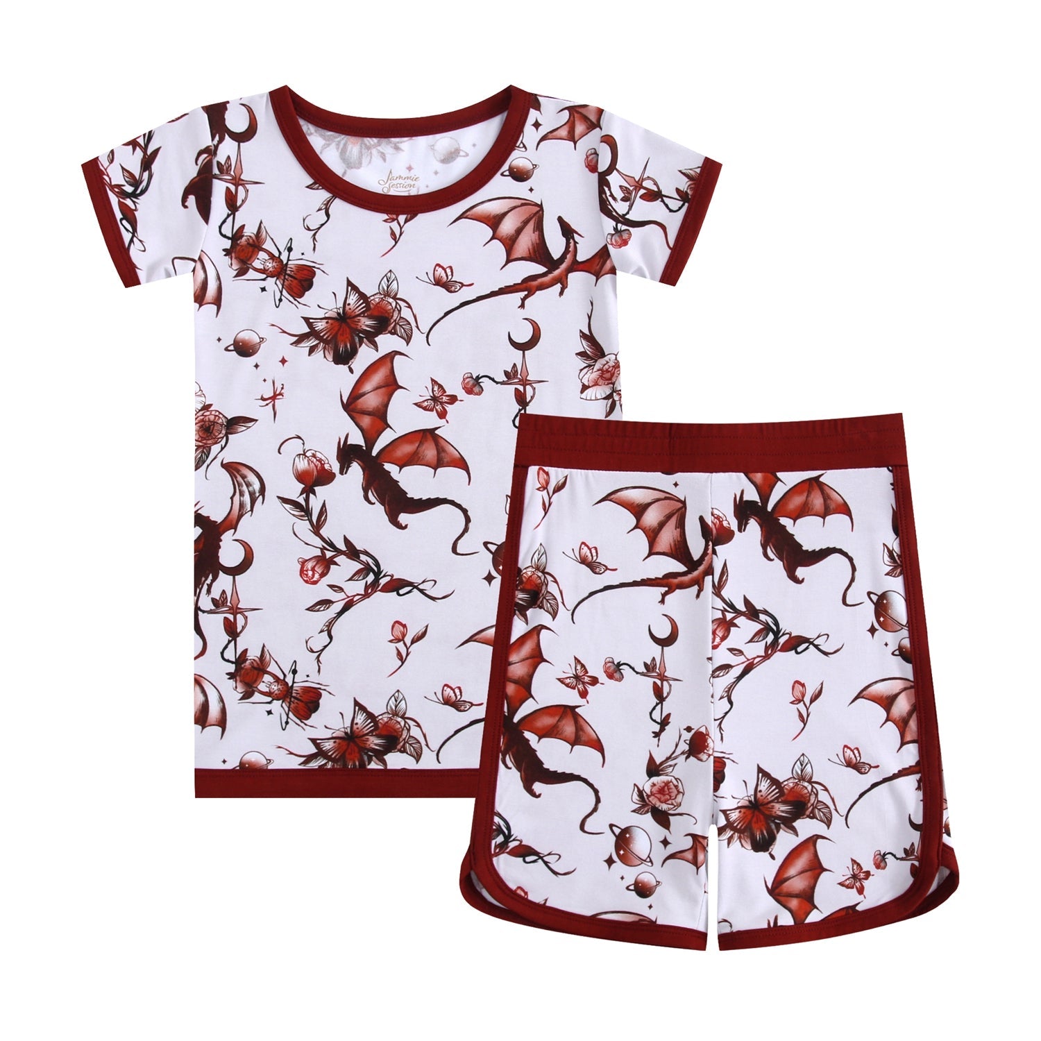 The Jammie Session Dreaming with Dragons Short Pajama Set features soft, breathable bamboo with maroon trim and a whimsical dragon and flower print—stylish comfort for playful days or cozy nights.