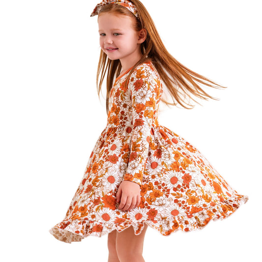 Falling For Florals Long Sleeve Big Kid Twirl Dress - Jammie Session