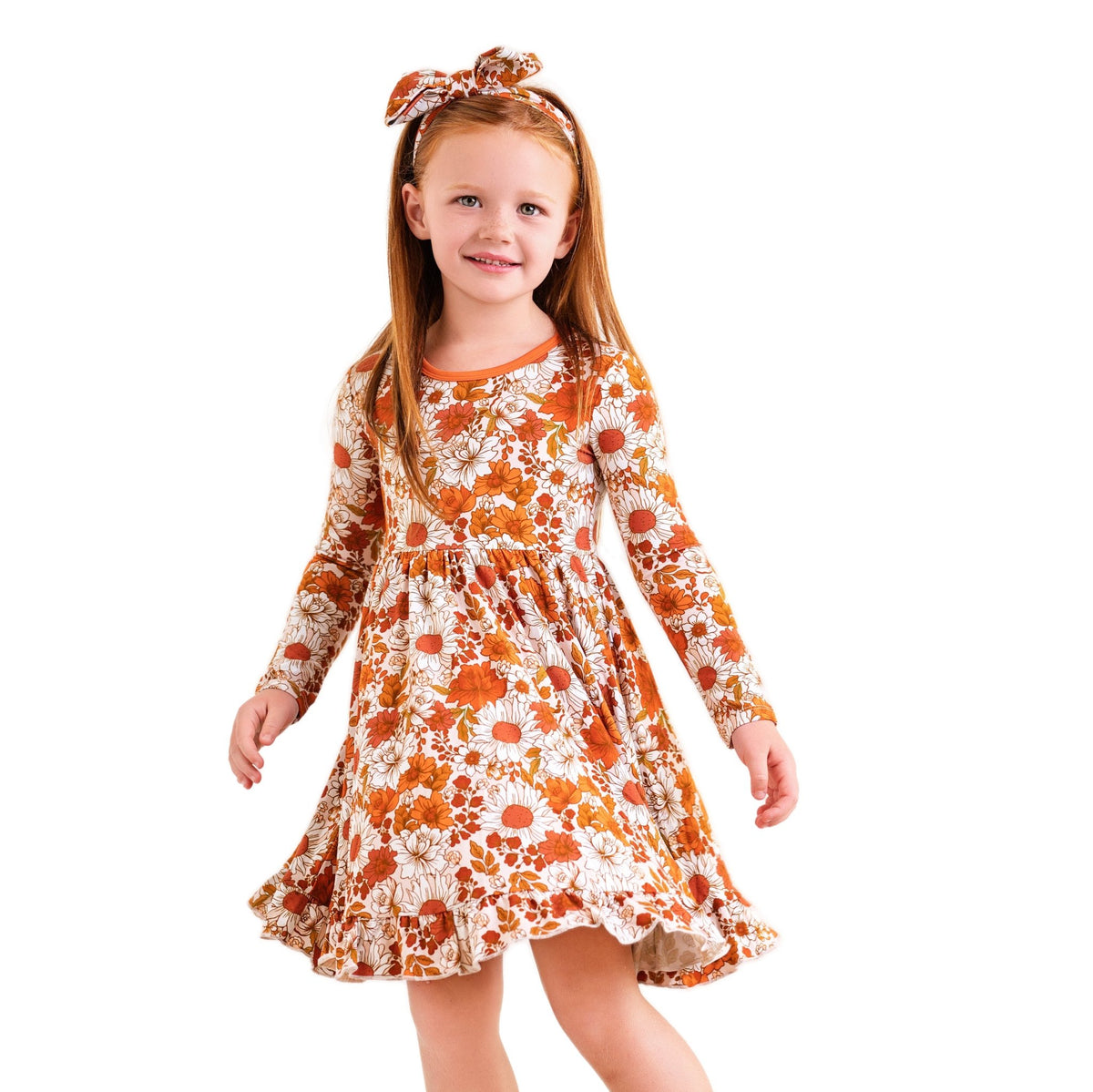 Falling For Florals Long Sleeve Big Kid Twirl Dress - Jammie Session