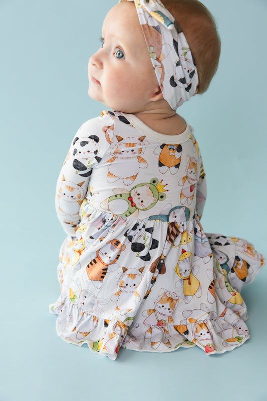 Meowster of Disguise Long Sleeve Bodysuit Twirl Dress - Jammie Session