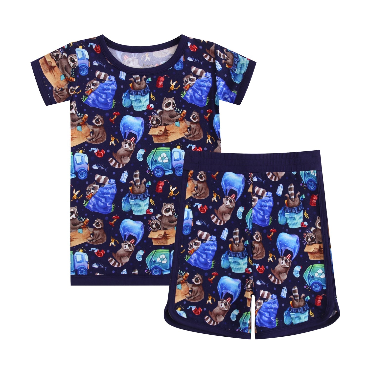 The Nocturnal Nonsense Short Pajama Set by Jammie Session is breathable and hypoallergenic, featuring short sleeves and shorts with a colorful raccoon and trash truck print on a dark background.