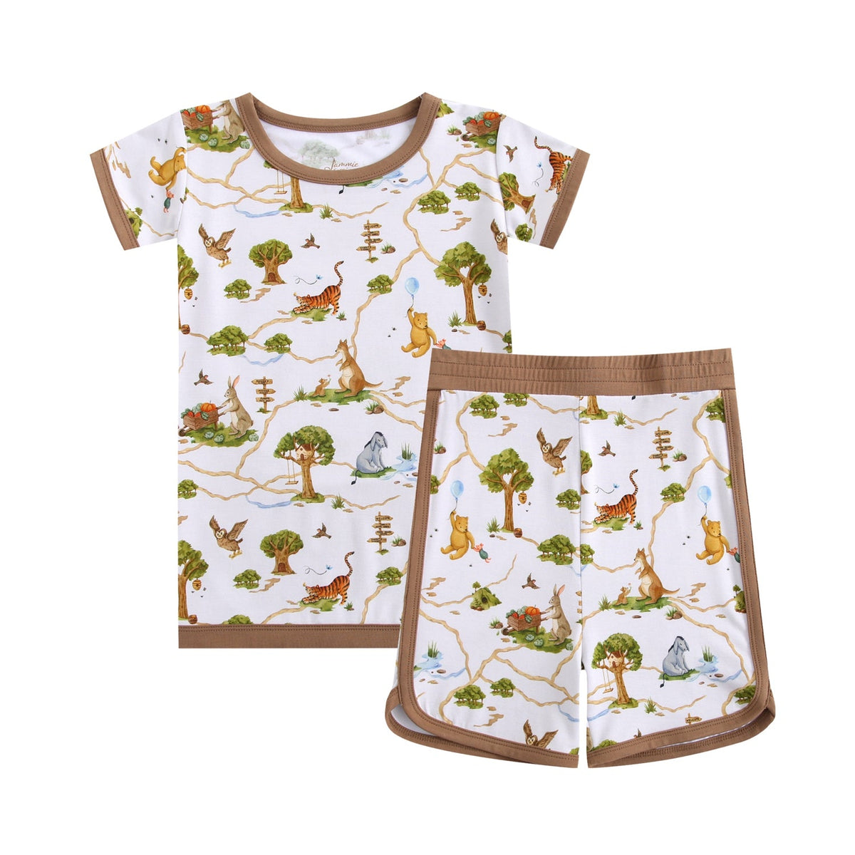 The Oh Bother, It's Bedtime Short Pajama Set by Jammie Session features buttery soft, hypoallergenic bamboo with a nature and animal print—trees, birds, and animals—on white fabric with brown trim.