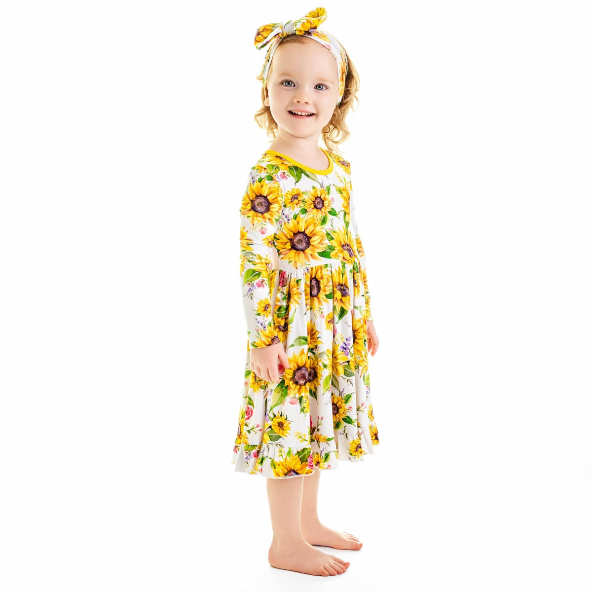 Suns and Roses (Sunflower) Long Sleeve Big Kid Twirl Dress - Jammie Session