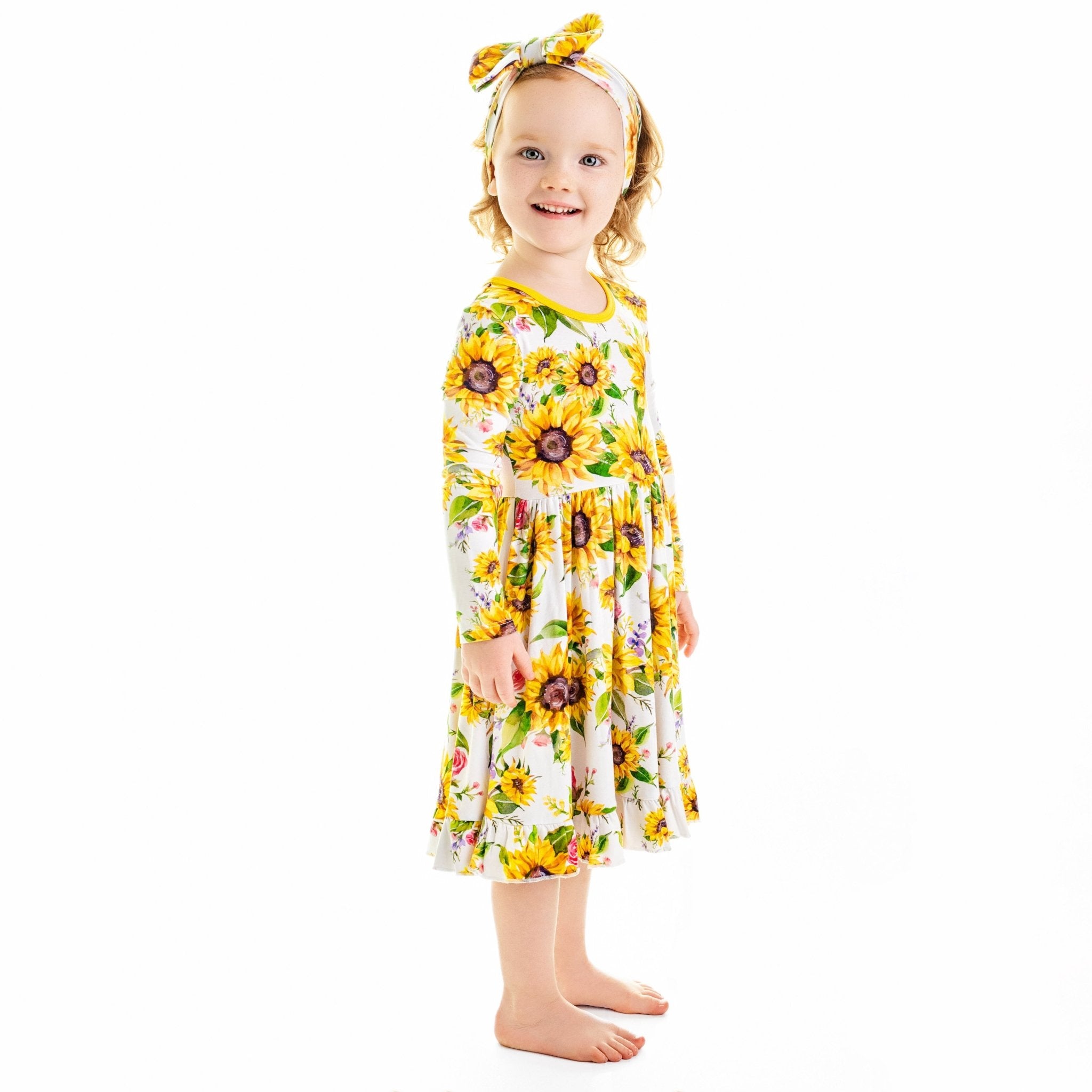 Suns and Roses (Sunflower) Long Sleeve Big Kid Twirl Dress - Jammie Session