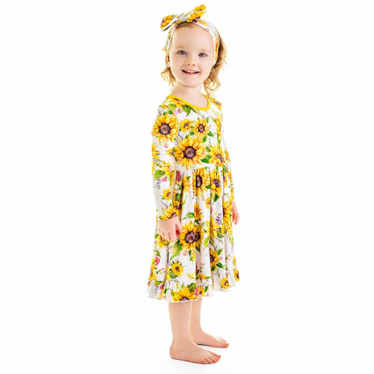 Suns and Roses (Sunflower) Long Sleeve Big Kid Twirl Dress - Jammie Session