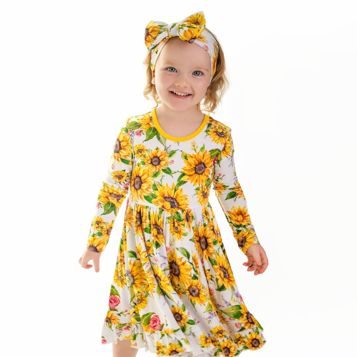 Suns and Roses (Sunflower) Long Sleeve Big Kid Twirl Dress - Jammie Session