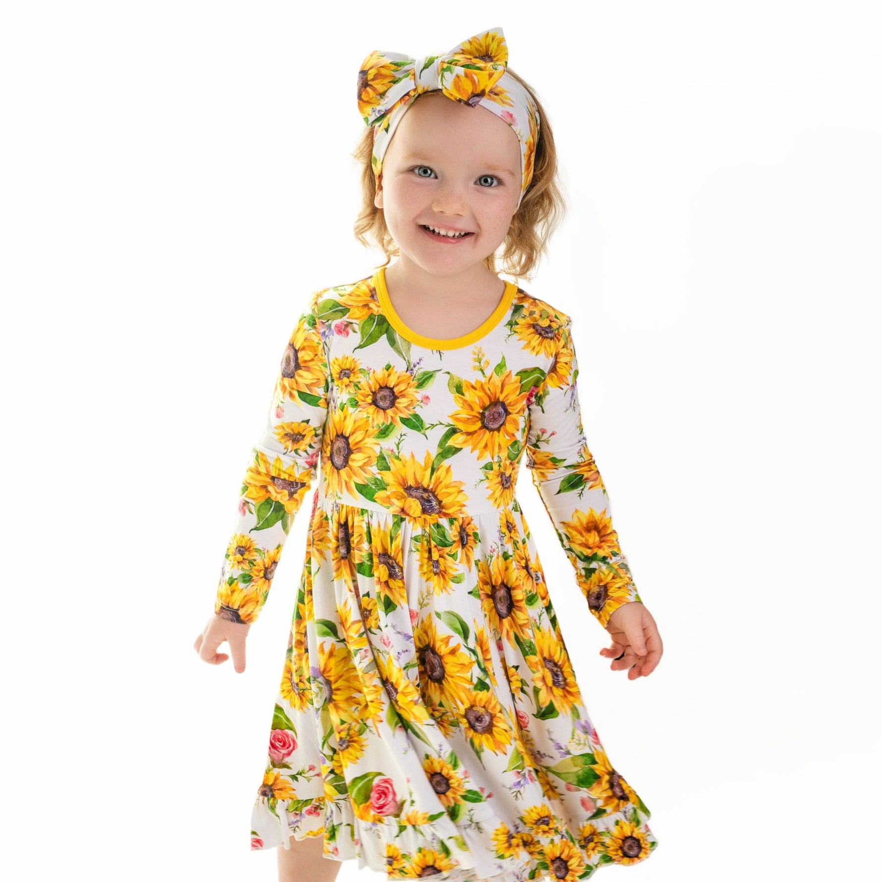 Suns and Roses (Sunflower) Long Sleeve Big Kid Twirl Dress - Jammie Session