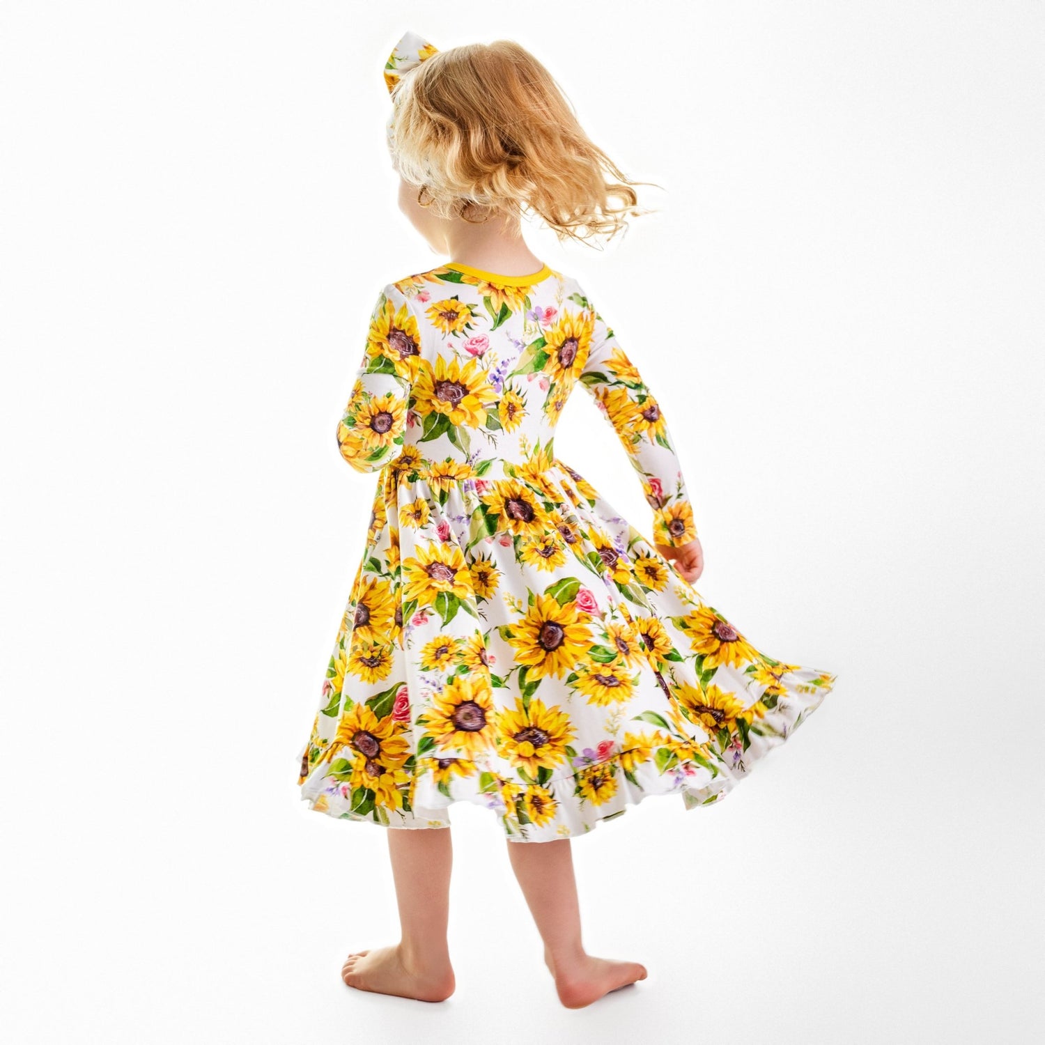 Suns and Roses (Sunflower) Long Sleeve Big Kid Twirl Dress - Jammie Session